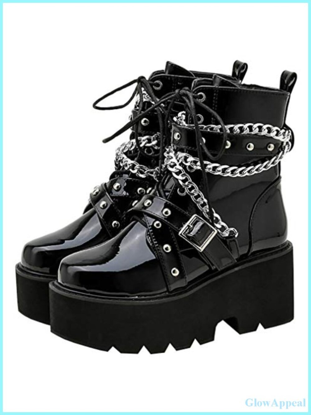 Patent Leather Gothic Combat Ankle Boots Platform Chunky Heel